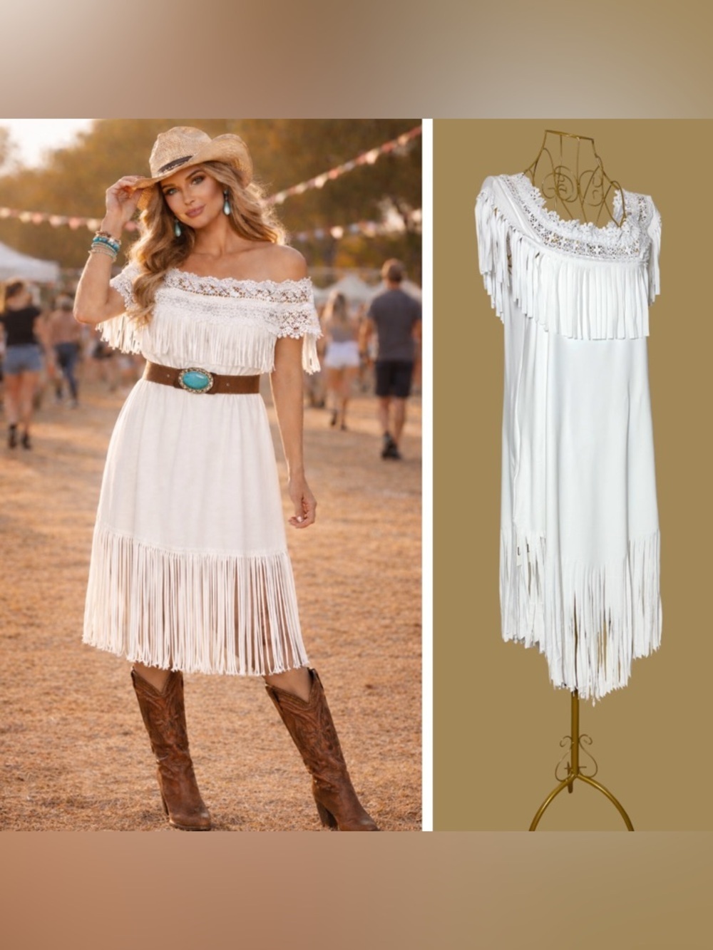 NWT Ursimi Sexy Off-Shoulder Fringe Western Festival White Midi Dress, Small
